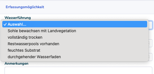 Auswählbare Kategorien der Wasserführung