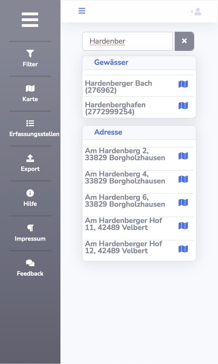 Suchergebnisse aus den Bereichen „Gewässer“ und „Adresse“